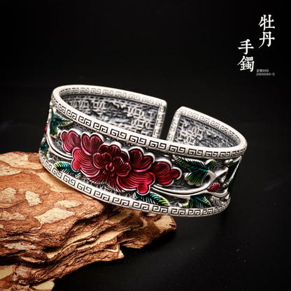 Chinese Peony Sterling Silver Bracelet - jewelry - weilin.com