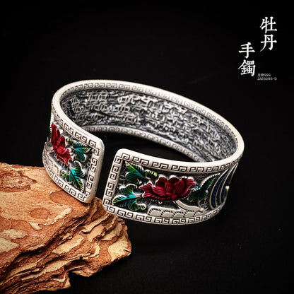 Chinese Peony Sterling Silver Bracelet - jewelry - weilin.com