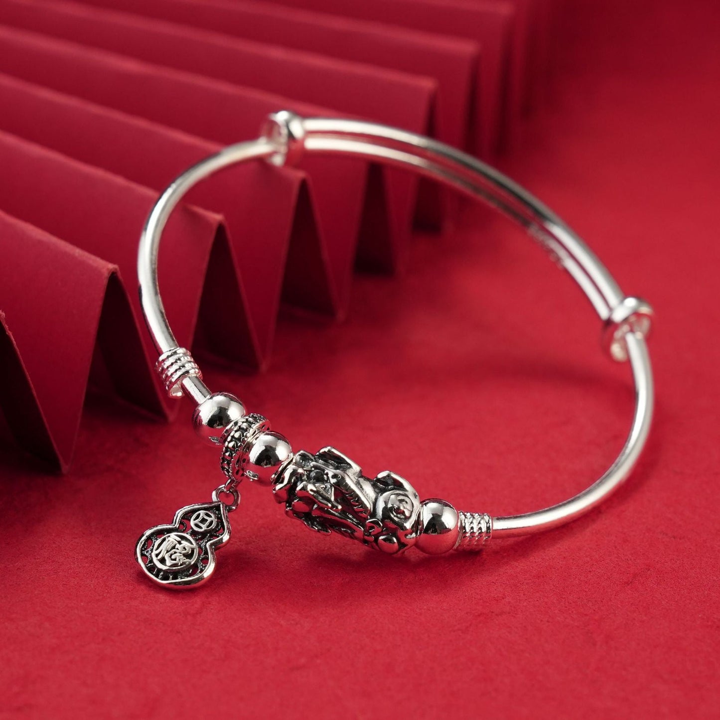 Chinese Pixiu hanging gourd sterling silver bracelet - jewelry - weilin.com