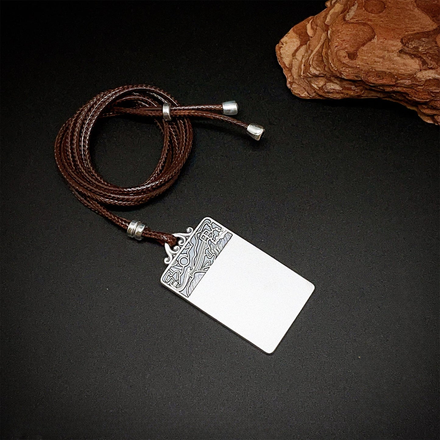 Chinese square sterling silver pendant braided rope chain - jewelry - weilin.com