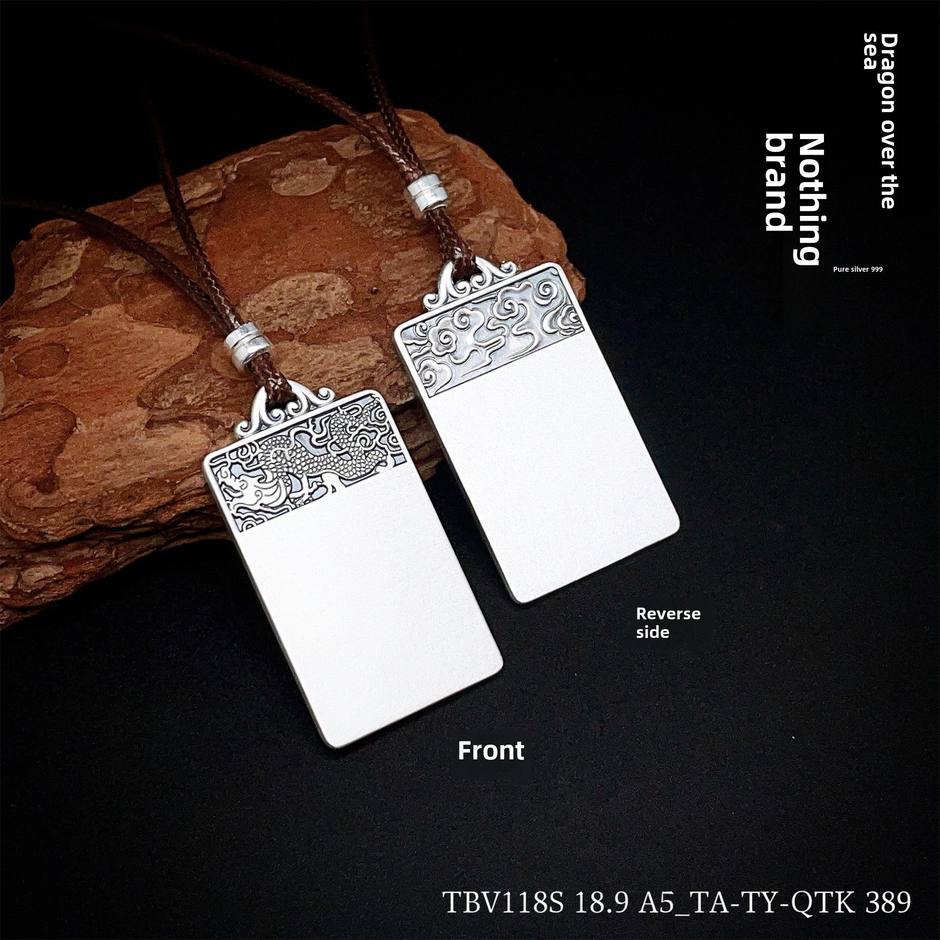Chinese square sterling silver pendant braided rope chain - jewelry - weilin.com