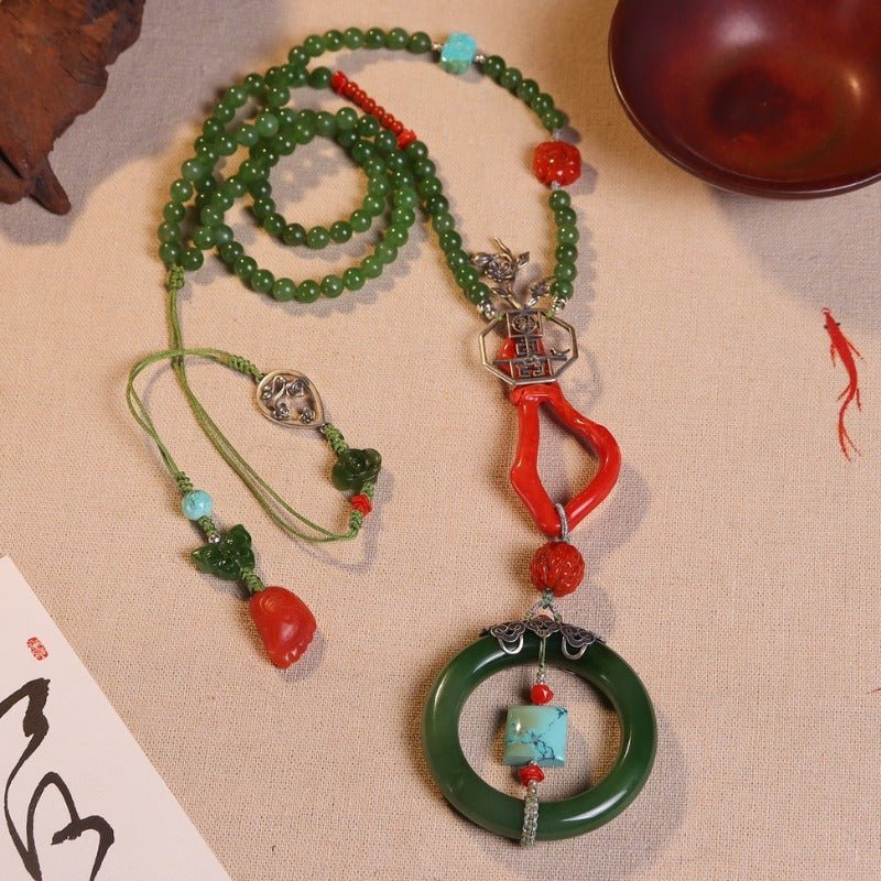 Chinese style 18k buckle tower green jasper necklace - jewelry - weilin.com