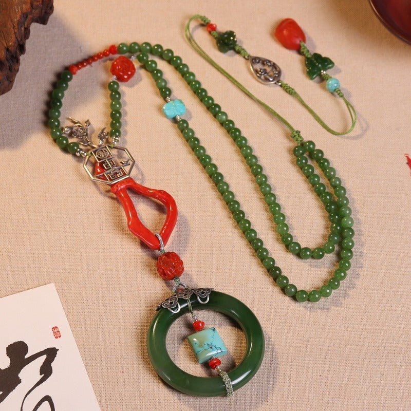 Chinese style 18k buckle tower green jasper necklace - jewelry - weilin.com