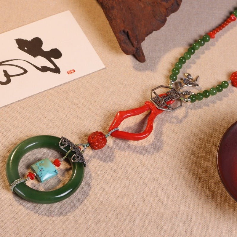 Chinese style 18k buckle tower green jasper necklace - jewelry - weilin.com