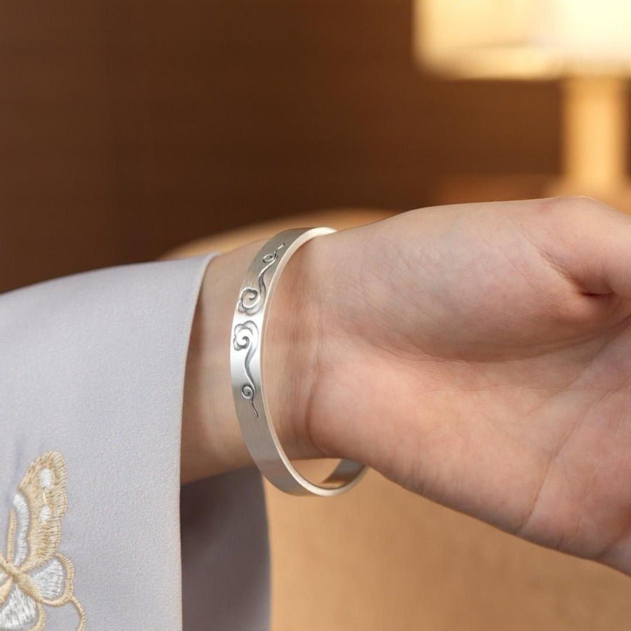 Chinese style auspicious cloud frosted sterling silver bracelet - jewelry - weilin.com