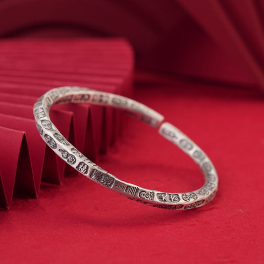 Chinese style carved twisted sterling silver bracelet - jewelry - weilin.com