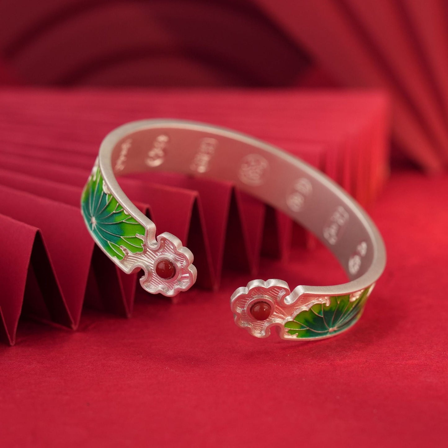 Chinese style enamel lotus leaf sterling silver bracelet - jewelry - weilin.com