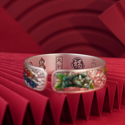 Chinese style enamel peony sterling silver bracelet - jewelry - weilin.com