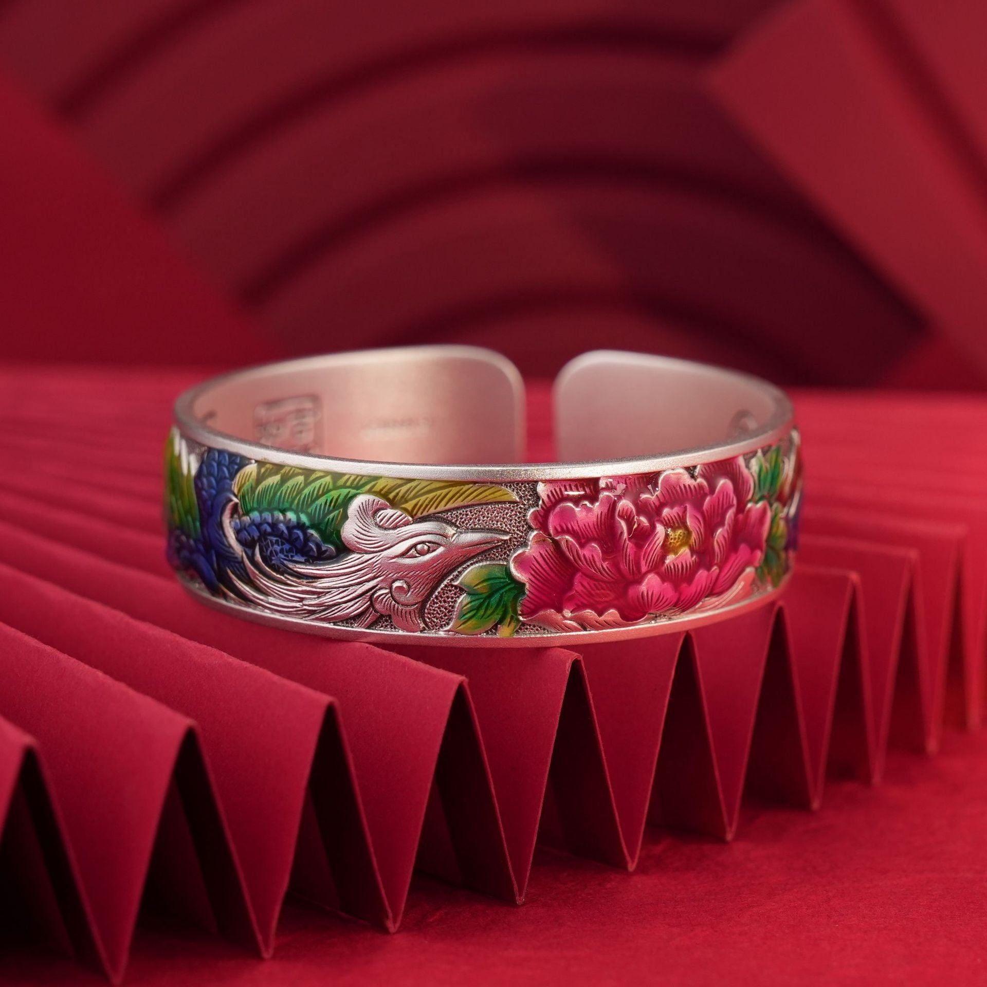 Chinese style enamel peony sterling silver bracelet - jewelry - weilin.com