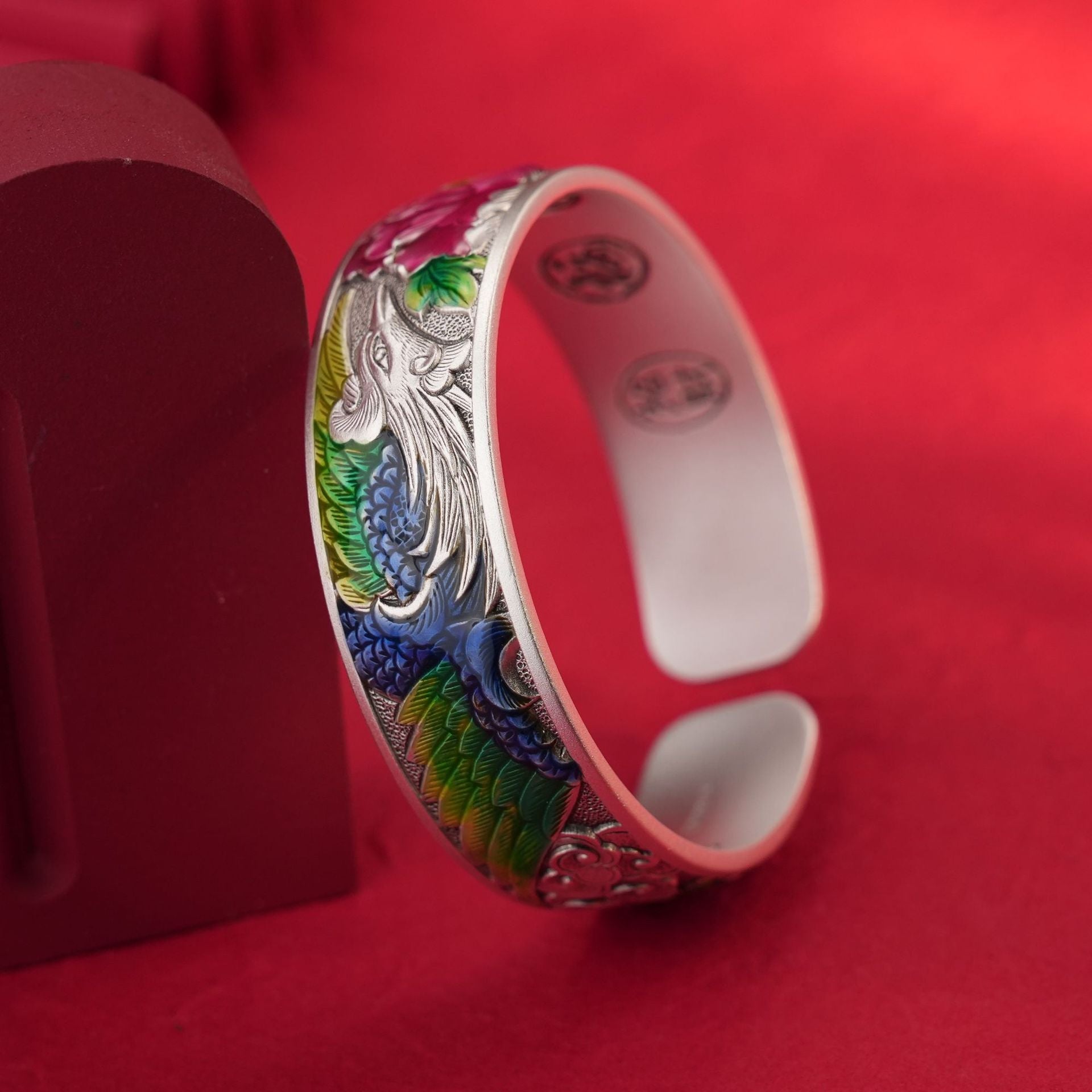 Chinese style enamel peony sterling silver bracelet - jewelry - weilin.com