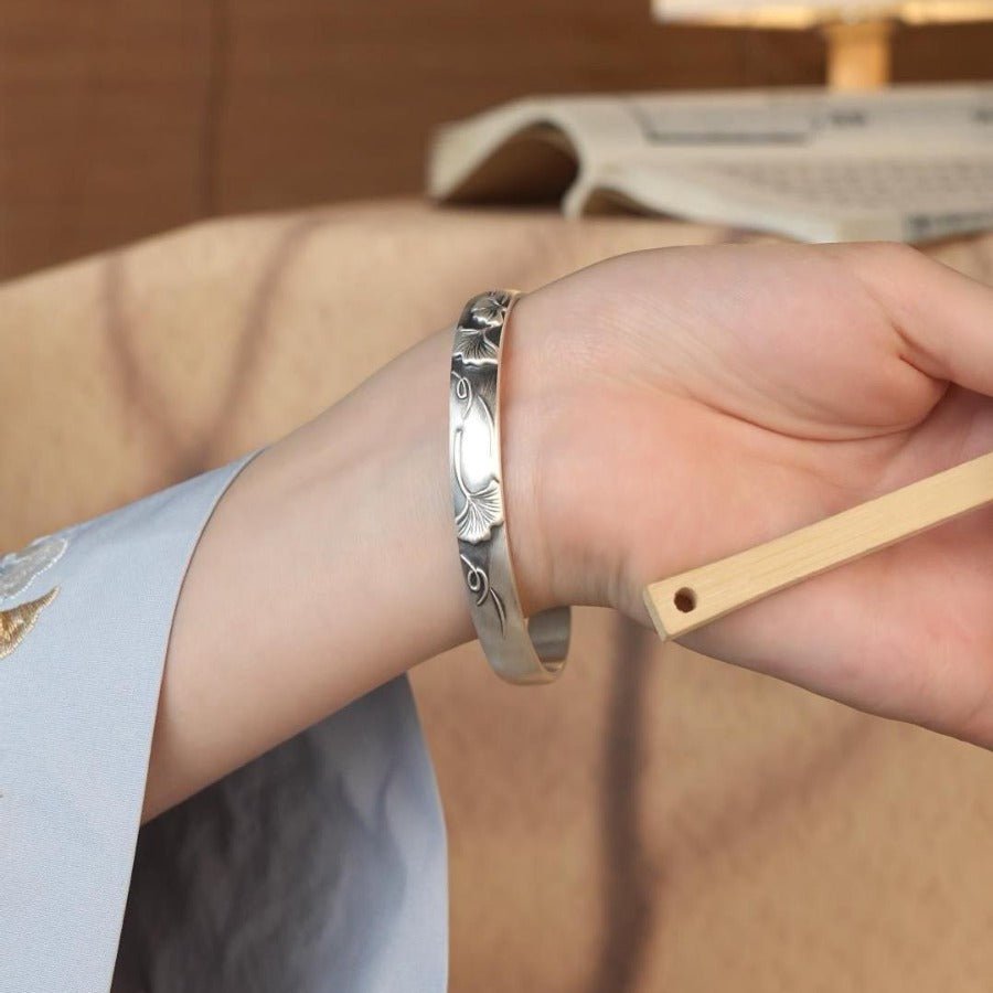 Chinese style frosted apricot leaf sterling silver bracelet - jewelry - weilin.com