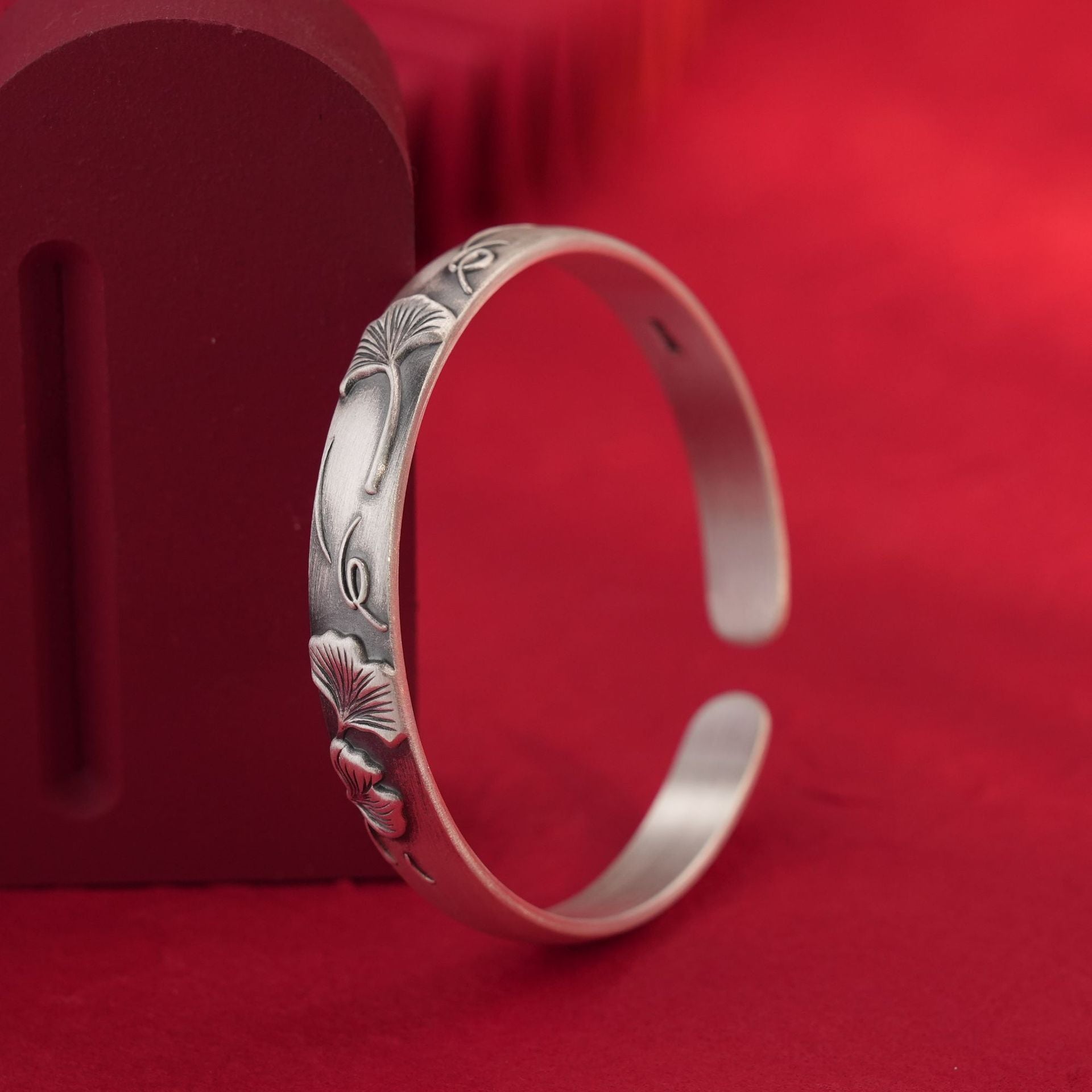 Chinese style frosted apricot leaf sterling silver bracelet - jewelry - weilin.com