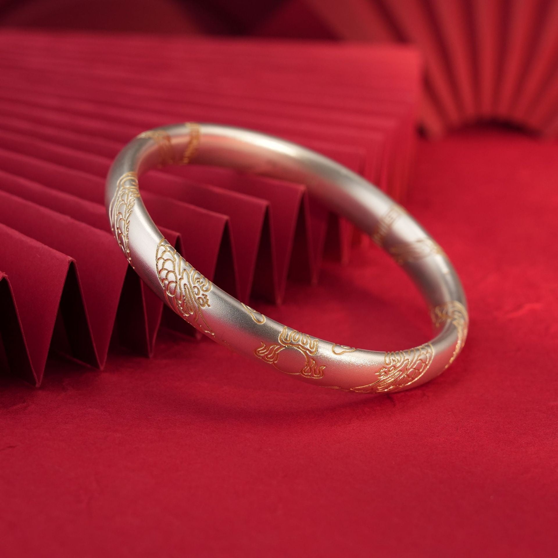Chinese style gold double dragon playing with pearl sterling silver bracelet - jewelry - weilin.com