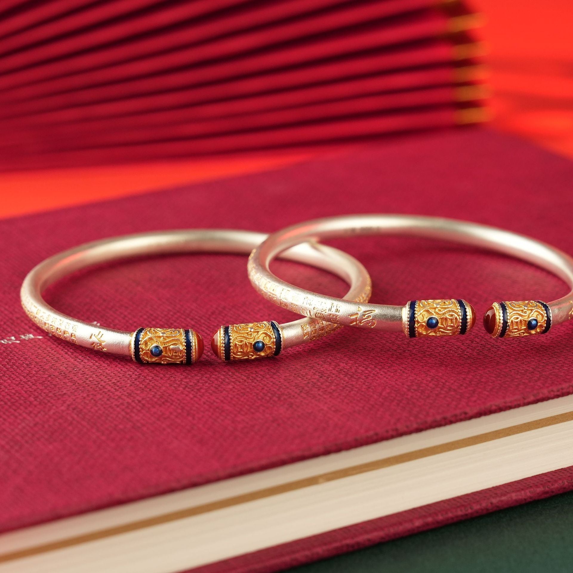 Chinese style gold enamel sterling silver bracelet - jewelry - weilin.com