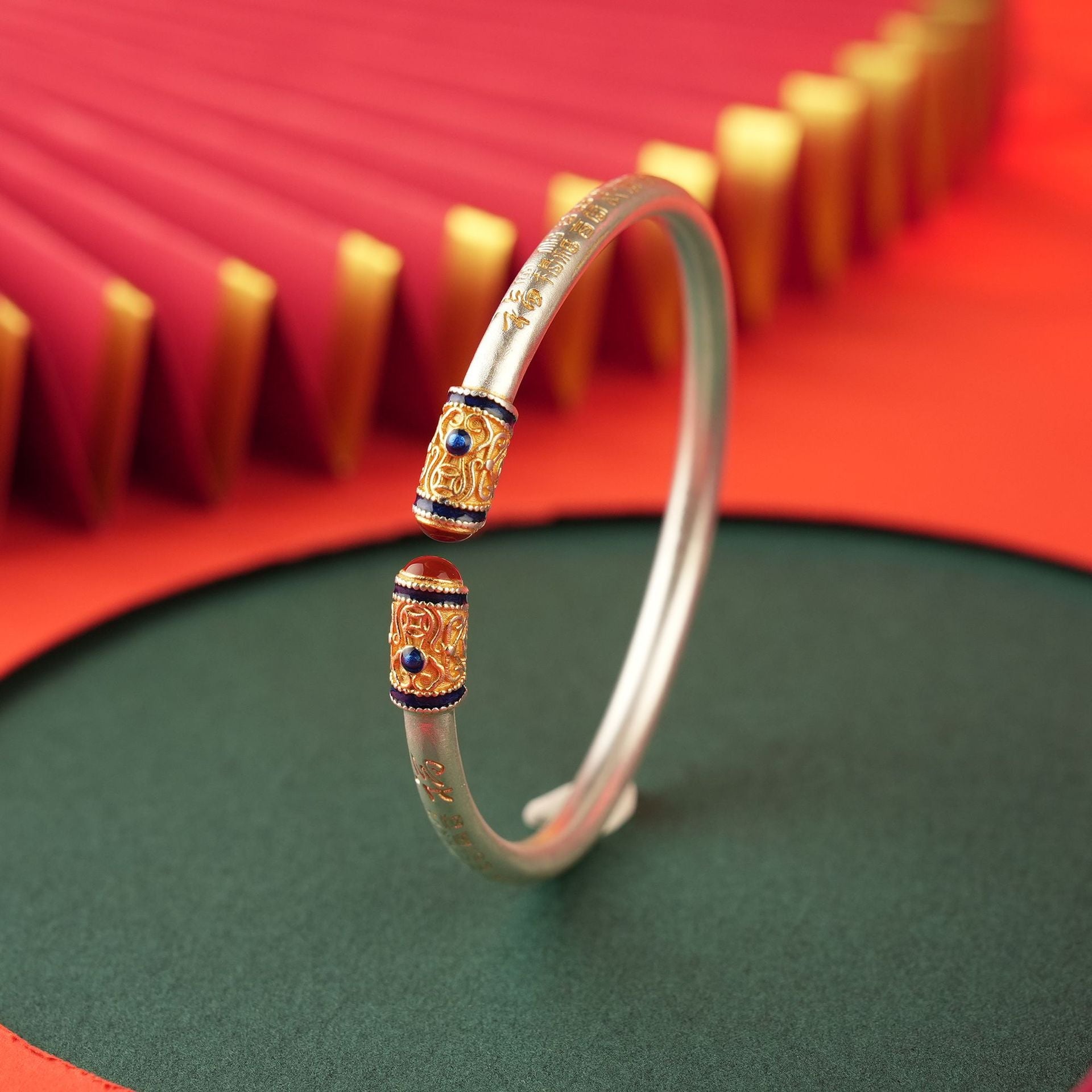 Chinese style gold enamel sterling silver bracelet - jewelry - weilin.com