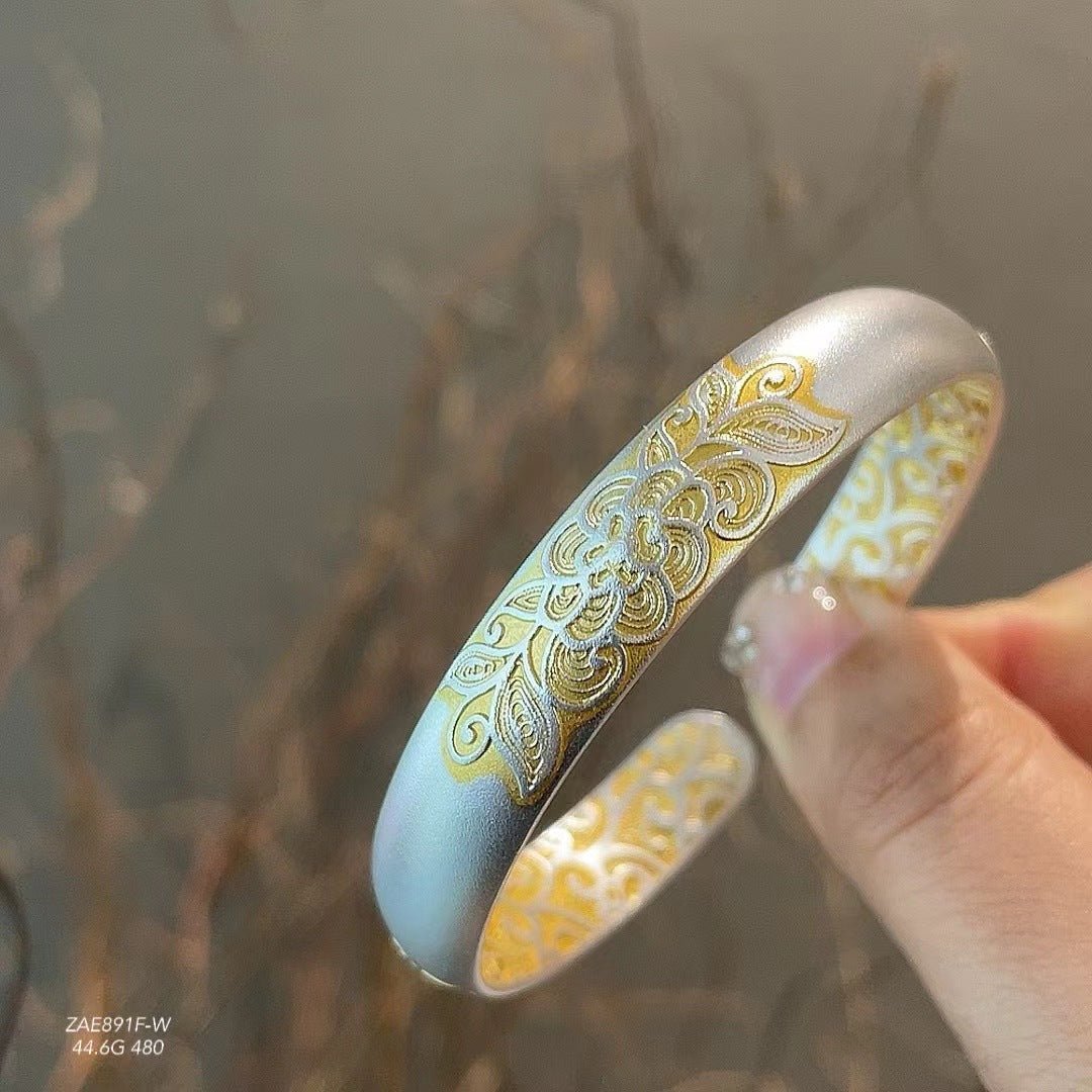 Chinese style gold - painted plum blossom sterling silver bracelet - jewelry - weilin.com