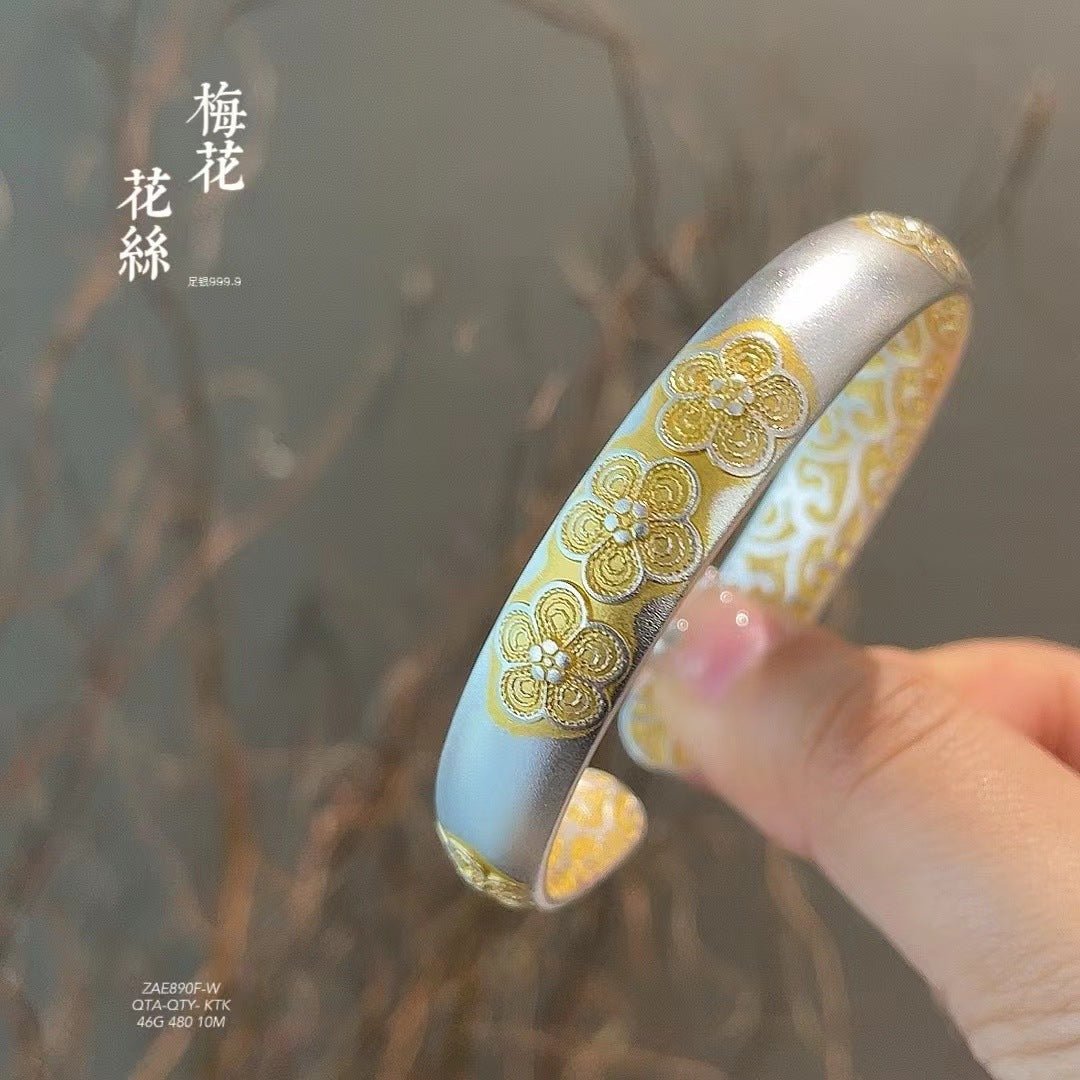 Chinese style gold - painted plum blossom sterling silver bracelet - jewelry - weilin.com