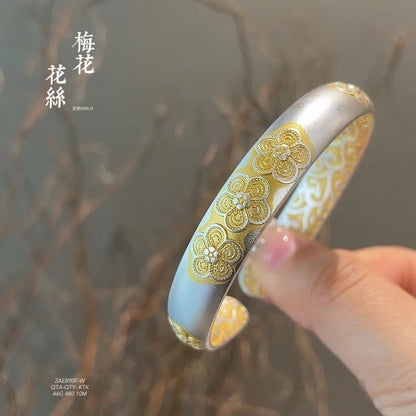 Chinese style gold - painted plum blossom sterling silver bracelet - jewelry - weilin.com