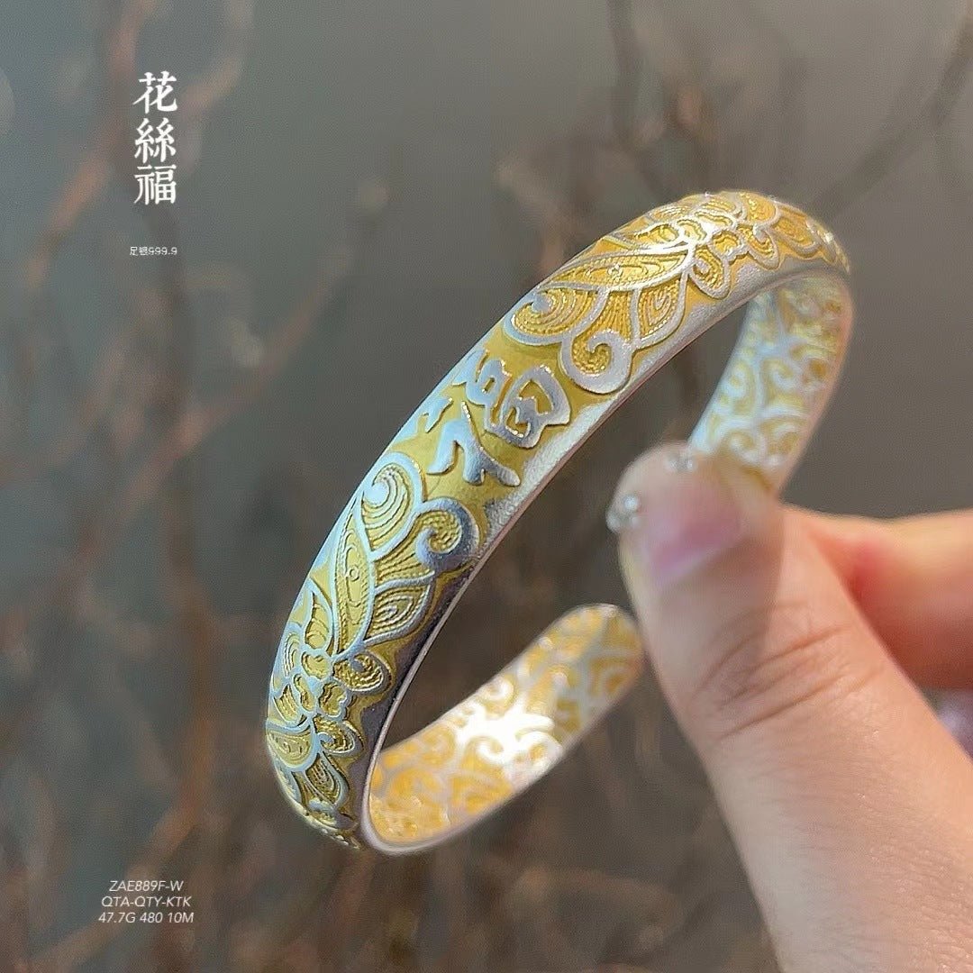 Chinese style gold - painted plum blossom sterling silver bracelet - jewelry - weilin.com