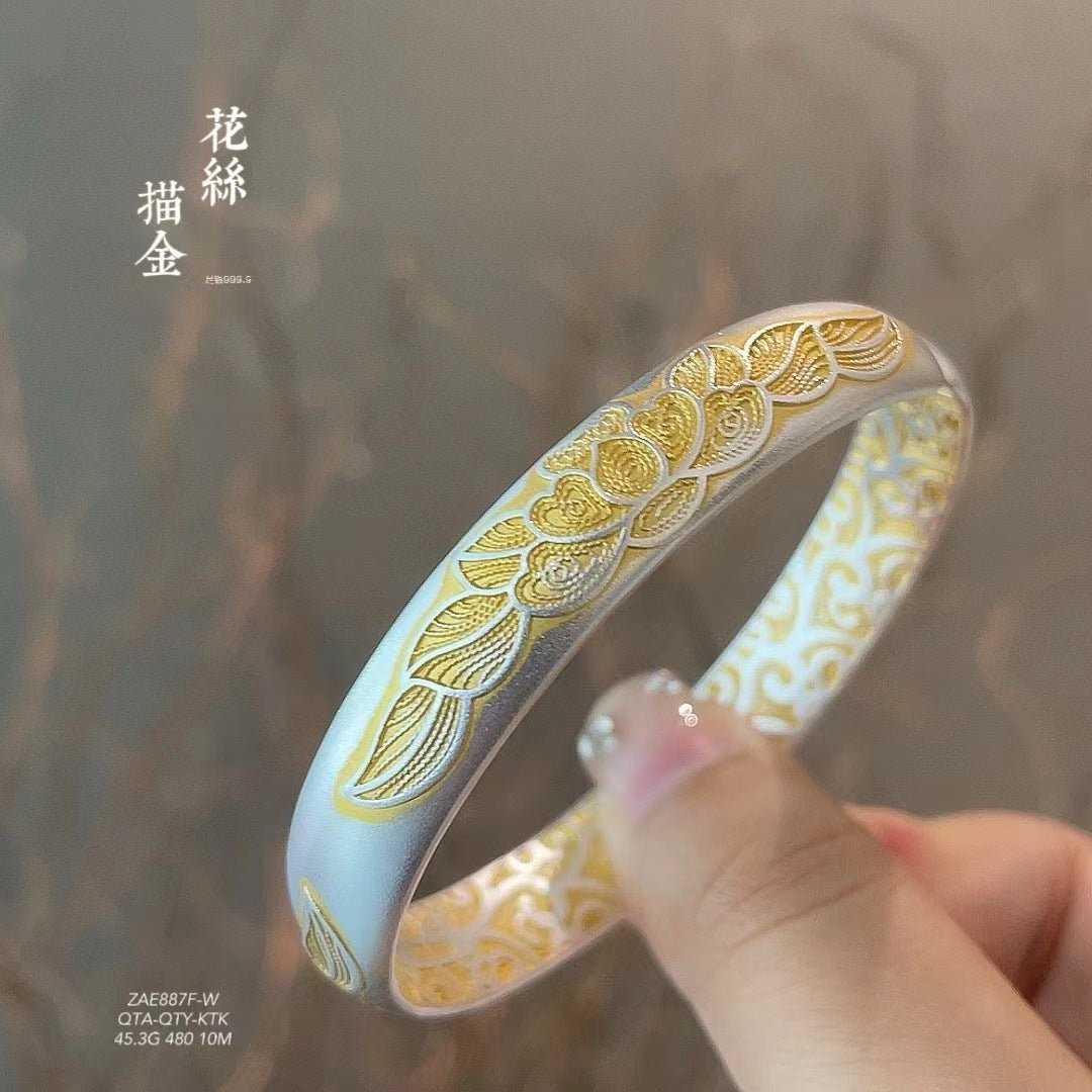 Chinese style gold - painted plum blossom sterling silver bracelet - jewelry - weilin.com