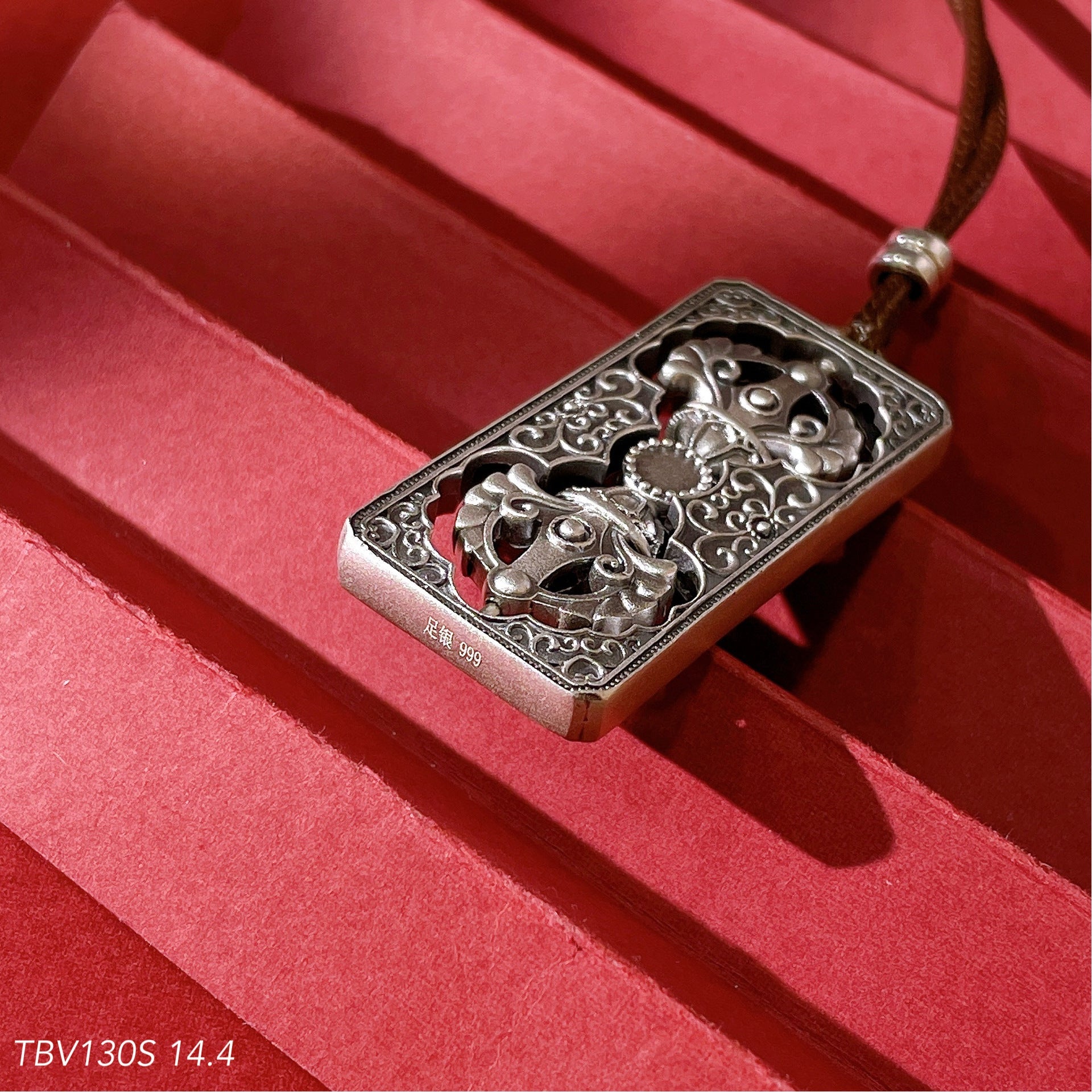 Chinese style leather cord filigree square sterling silver pendant - jewelry - weilin.com