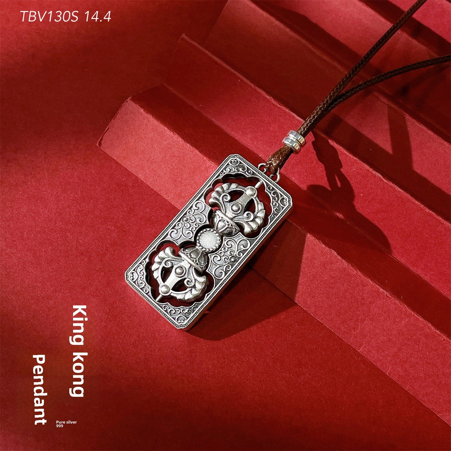 Chinese style leather cord filigree square sterling silver pendant - jewelry - weilin.com