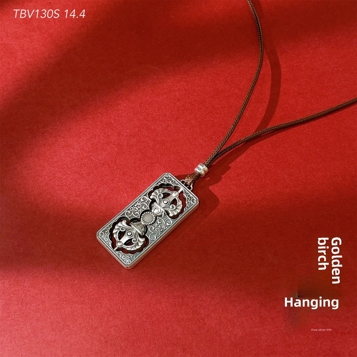 Chinese style leather cord filigree square sterling silver pendant - jewelry - weilin.com