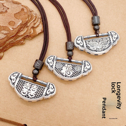 Chinese style longevity lock sterling silver pendant necklace - jewelry - weilin.com