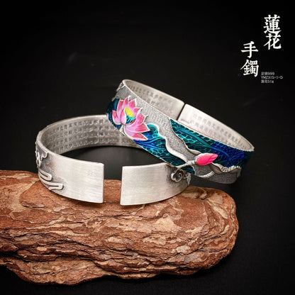 Chinese style lotus heart sterling silver bracelet - jewelry - weilin.com