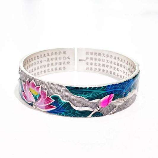 Chinese style lotus heart sterling silver bracelet - jewelry - weilin.com