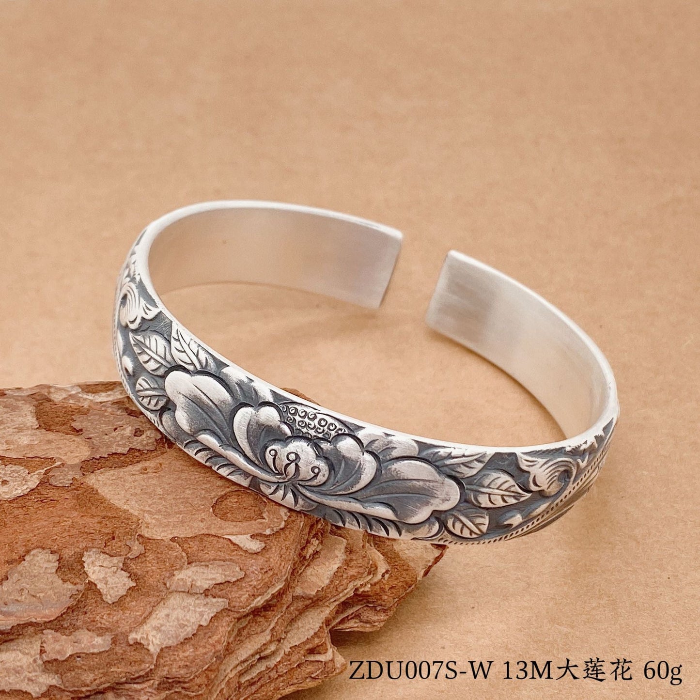 Chinese style lotus leaf peony lotus sterling silver bracelet - jewelry - weilin.com