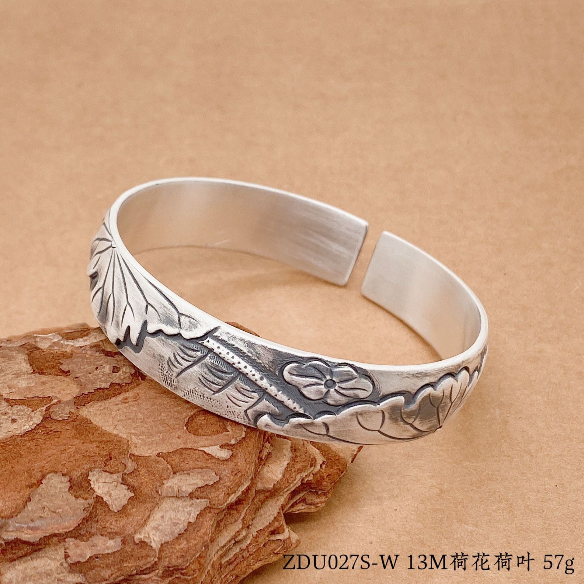 Chinese style lotus leaf peony lotus sterling silver bracelet - jewelry - weilin.com