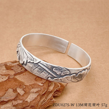 Chinese style lotus leaf peony lotus sterling silver bracelet - jewelry - weilin.com