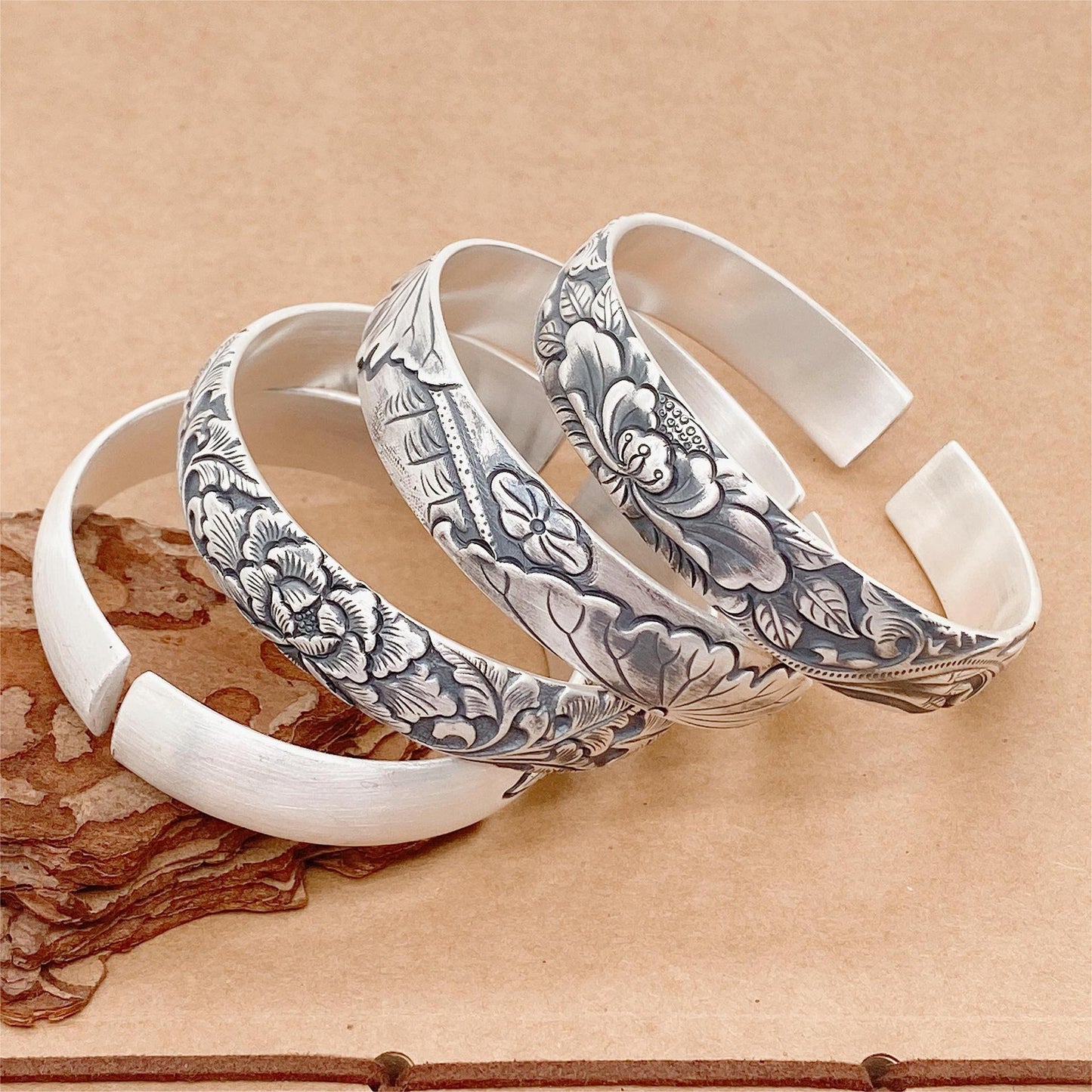 Chinese style lotus leaf peony lotus sterling silver bracelet - jewelry - weilin.com