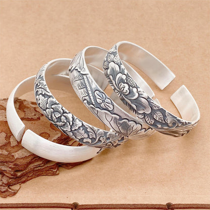 Chinese style lotus leaf peony lotus sterling silver bracelet - jewelry - weilin.com