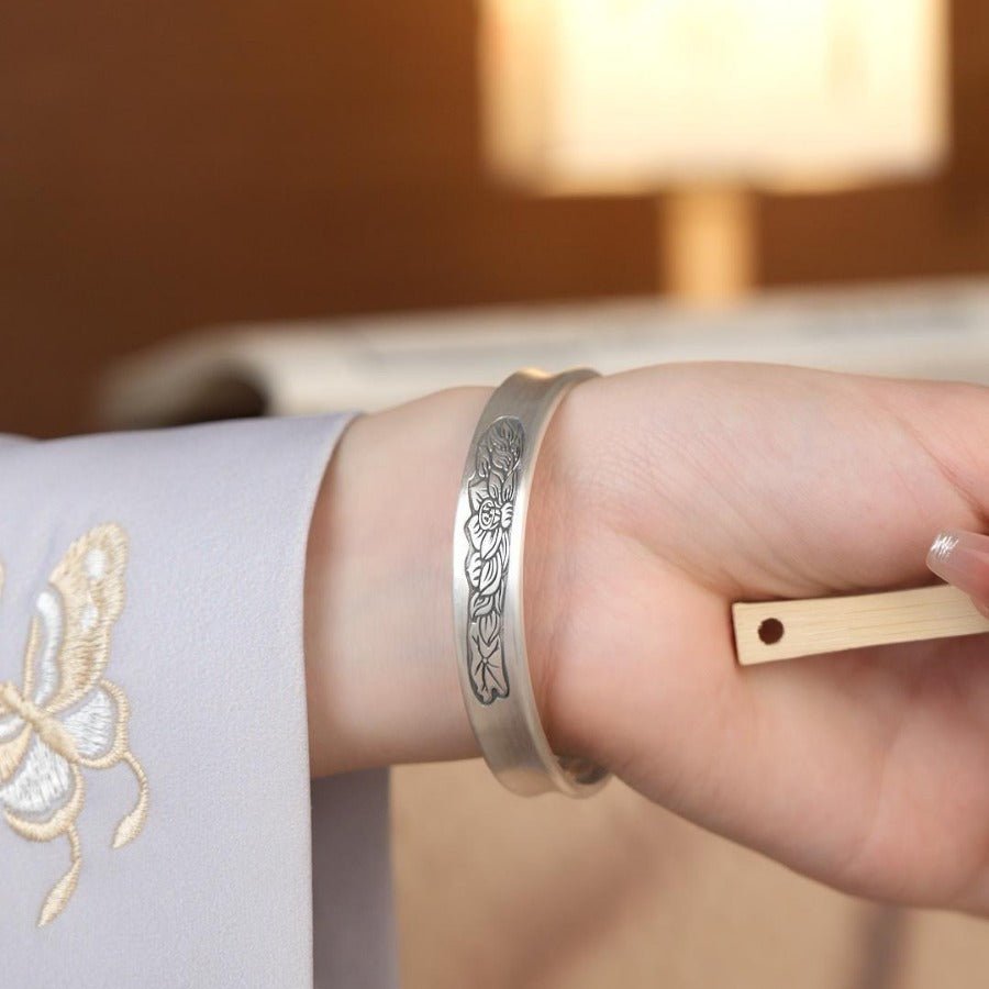 Chinese style lotus sterling silver bracelet - jewelry - weilin.com