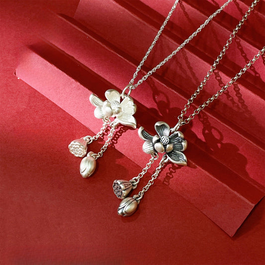 Chinese style lotus sterling silver pendant necklace - jewelry - weilin.com