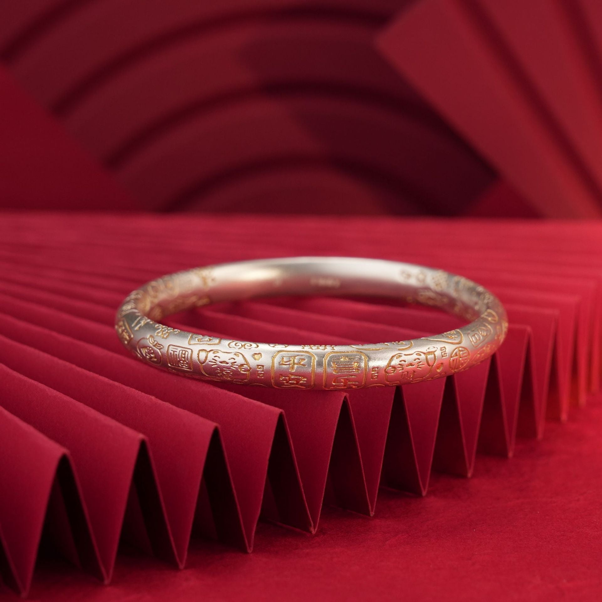 Chinese style lucky cat round stick sterling silver bracelet - jewelry - weilin.com