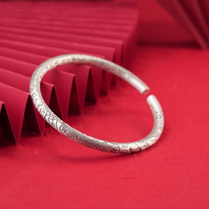 Chinese style lucky cat round stick sterling silver bracelet - jewelry - weilin.com