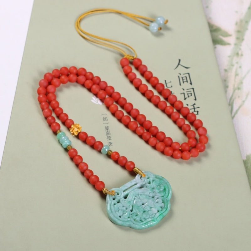 Chinese style natural jadeite and red nanhong necklace - jewelry - weilin.com