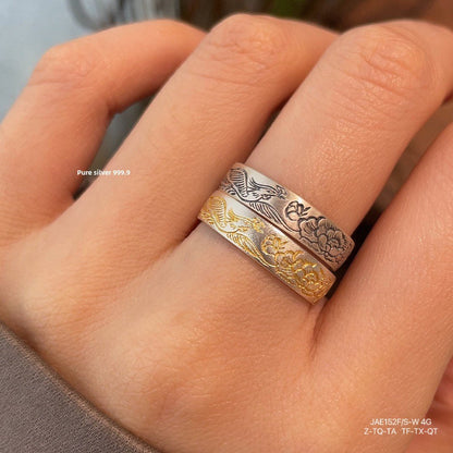 Chinese style peony heart scripture open ring - jewelry - weilin.com