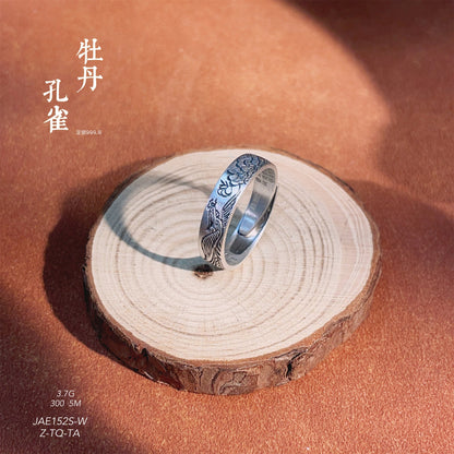 Chinese style peony heart scripture open ring - jewelry - weilin.com
