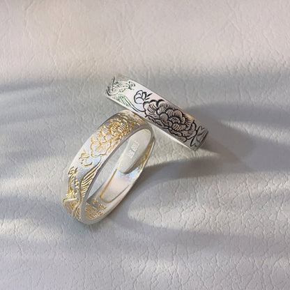 Chinese style peony heart scripture open ring - jewelry - weilin.com