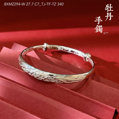 Chinese style peony rose sterling silver bracelet - jewelry - weilin.com