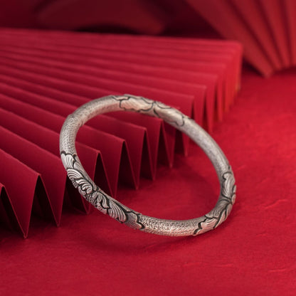 Chinese style peony round stick sterling silver bracelet - jewelry - weilin.com