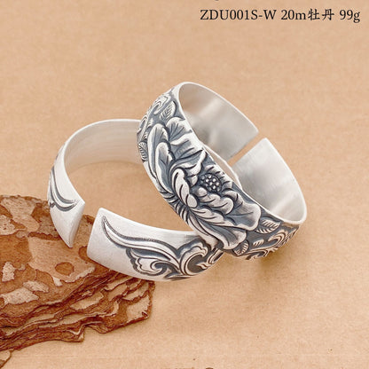 Chinese style peony wide silver bracelet - jewelry - weilin.com