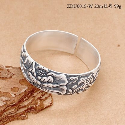 Chinese style peony wide silver bracelet - jewelry - weilin.com