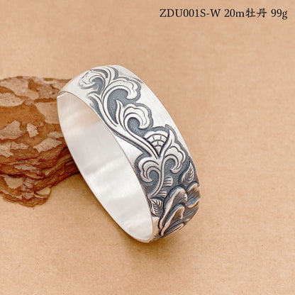 Chinese style peony wide silver bracelet - jewelry - weilin.com
