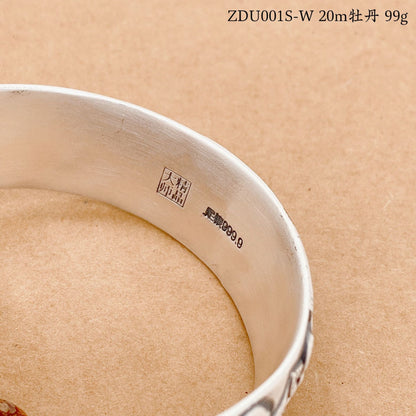 Chinese style peony wide silver bracelet - jewelry - weilin.com