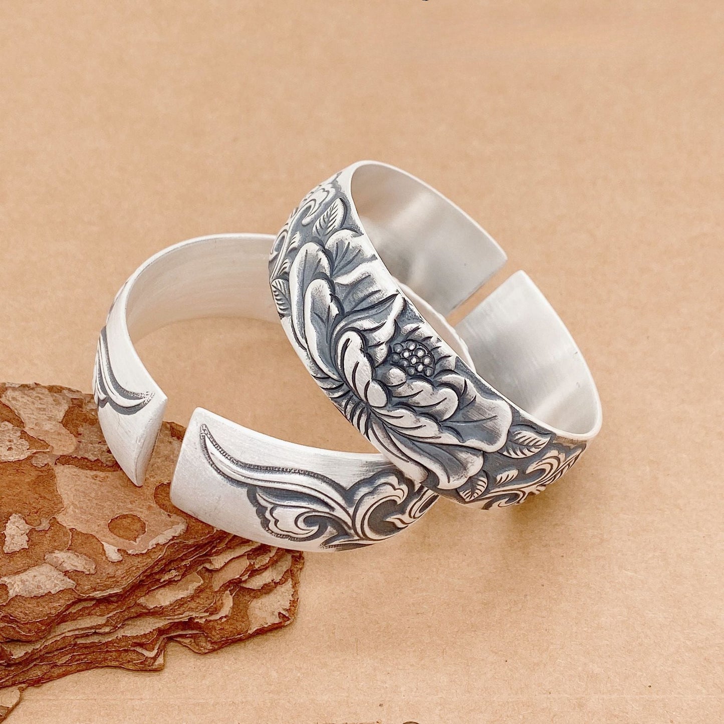 Chinese style peony wide silver bracelet - jewelry - weilin.com